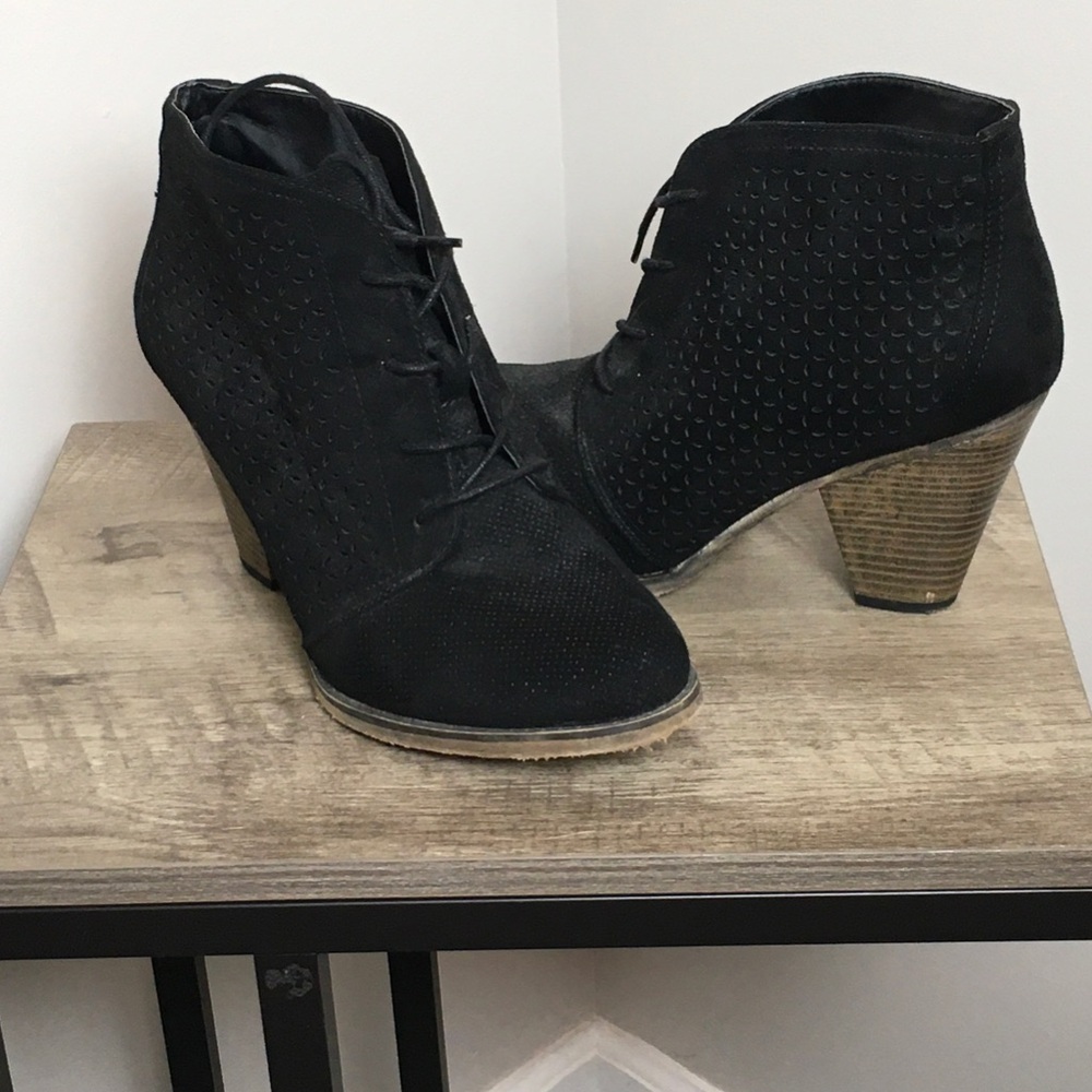 MIA Black Perforated Suede Lace-Up Ankle Booties with Stacked Heel